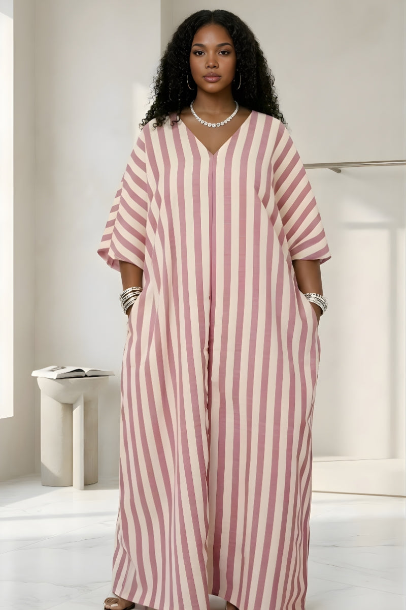 V-neckline pink and white maxi kaftan dress
