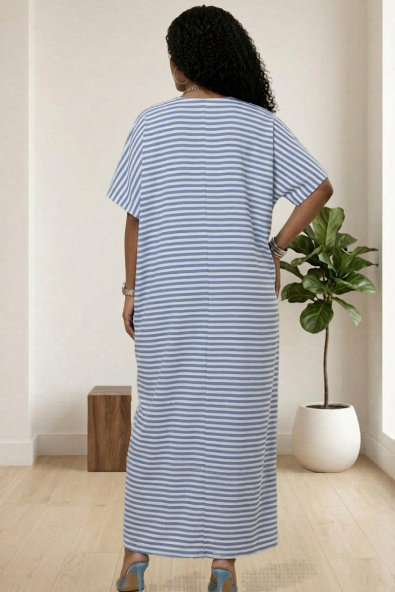 V- neckline blue and white maxi kaftan dress