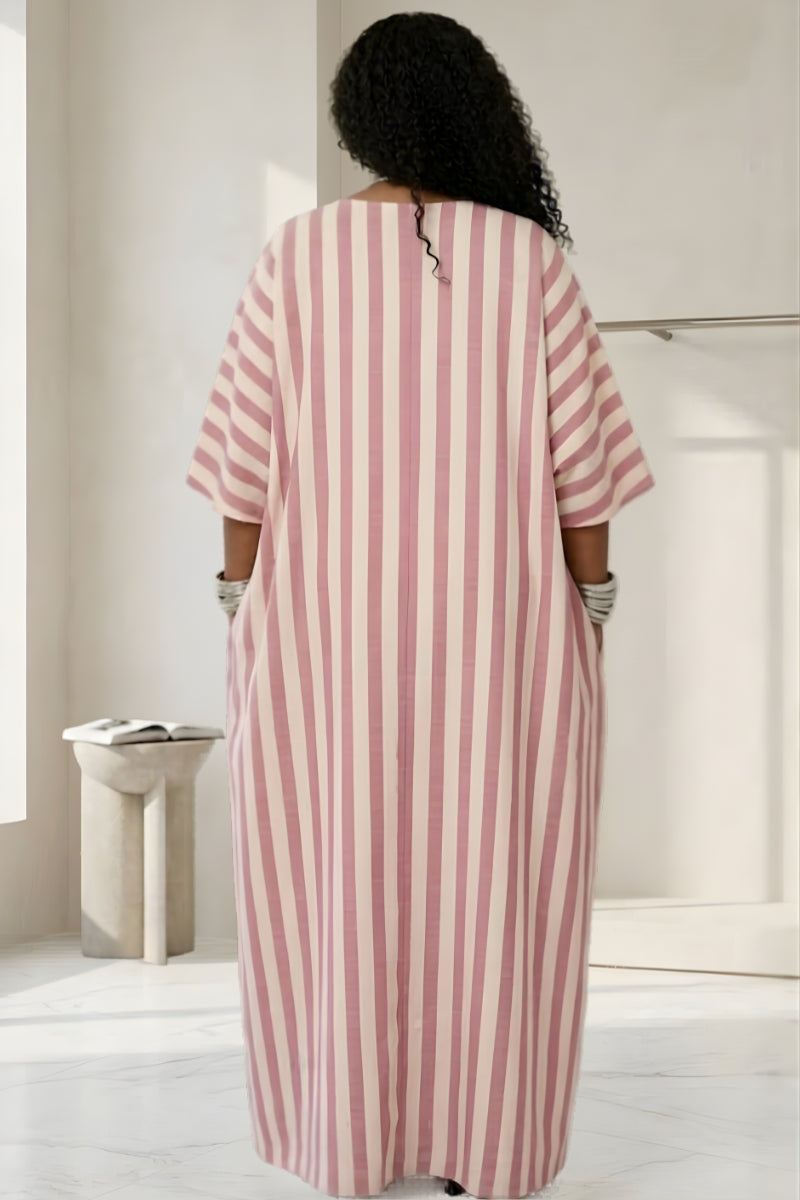 V-neckline pink and white maxi kaftan dress