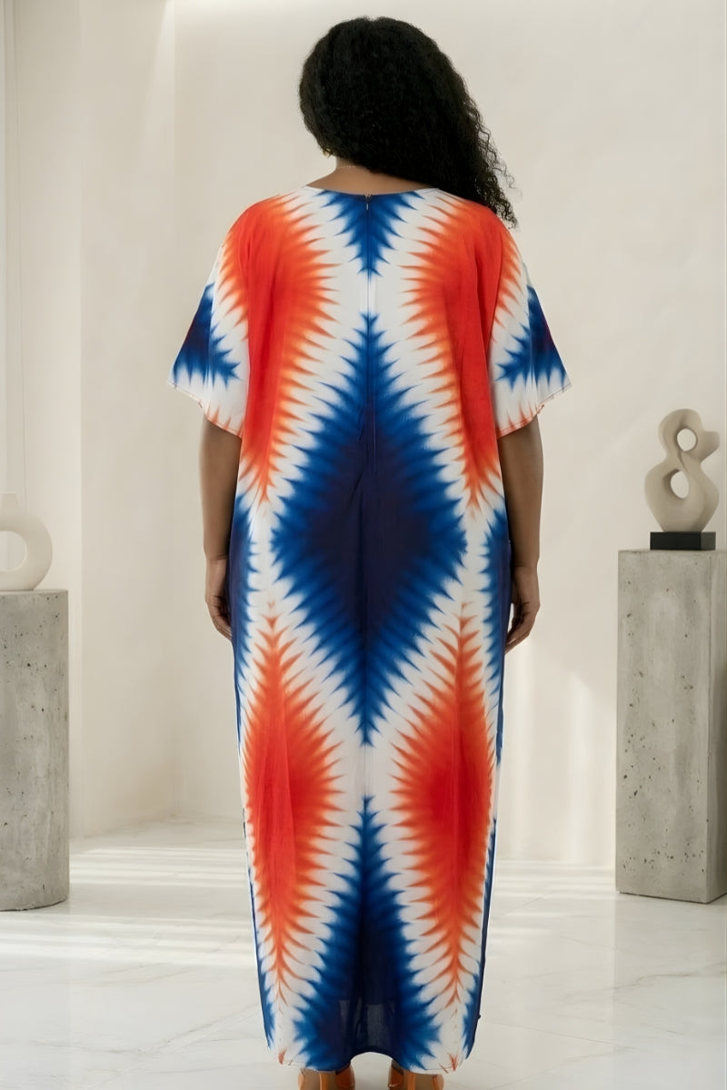 V-neck blue and orange tie-dye maxi kaftan dress
