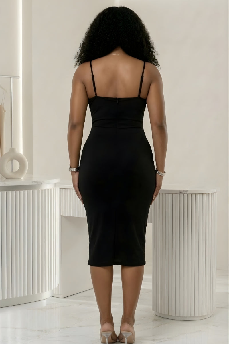 Black bodycon midi dress with spaghetti straps
