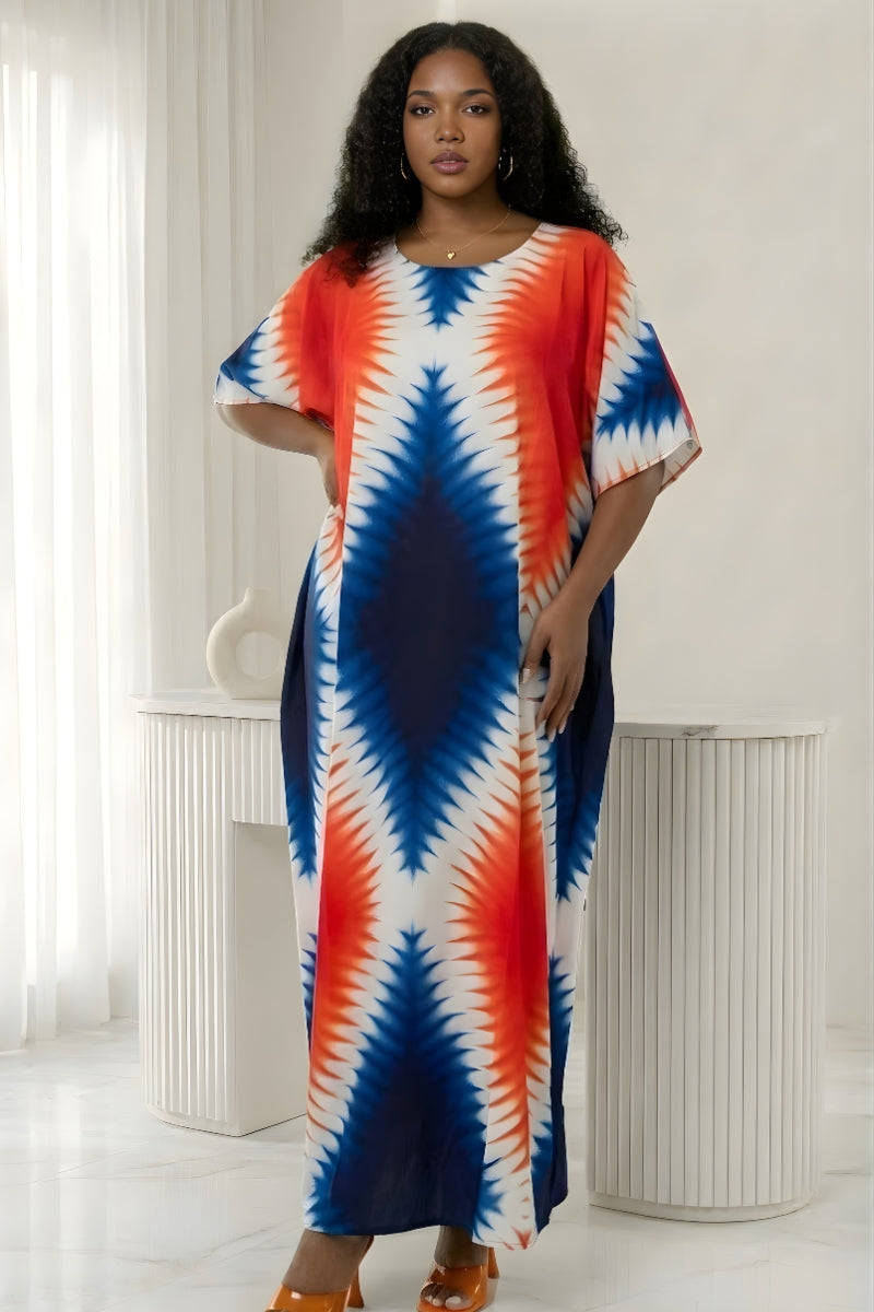 V-neck blue and orange tie-dye maxi kaftan dress