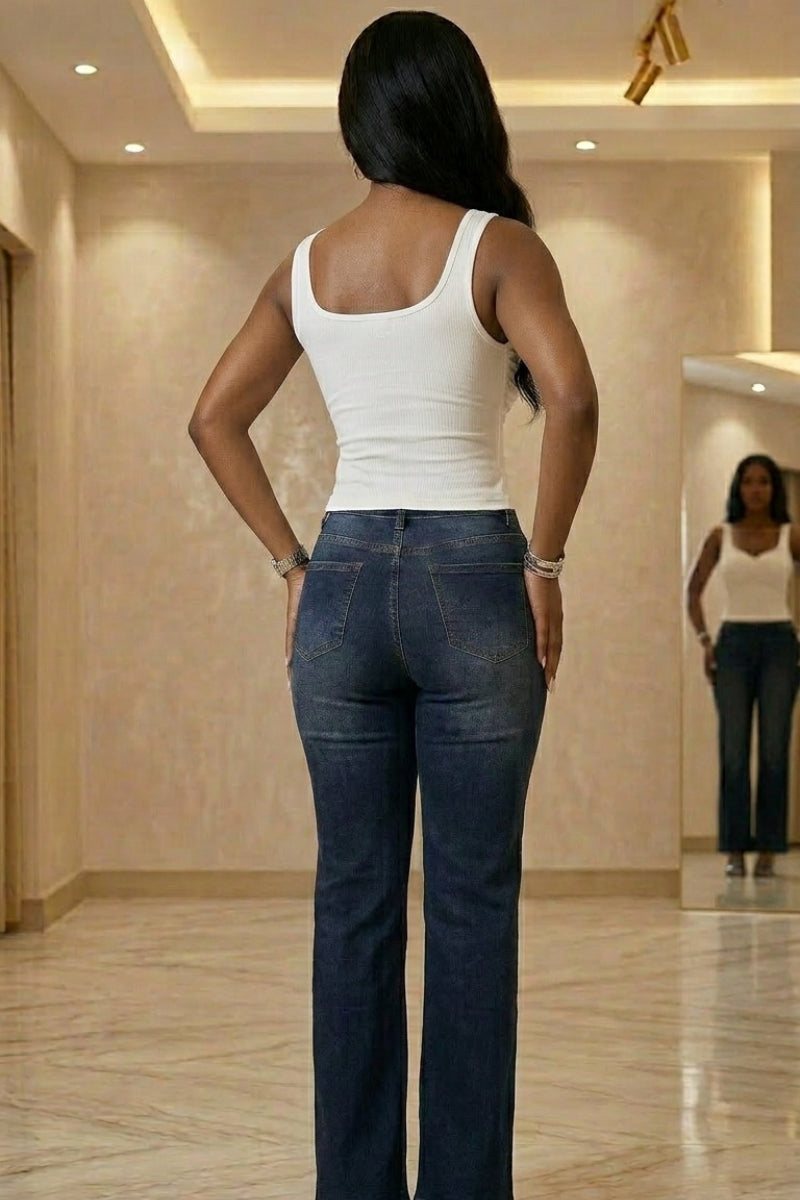 Dark wash high-waisted wide-leg denim jeans