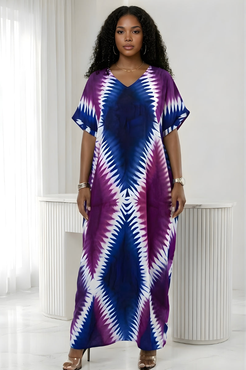 V-neck royal blue and purple tie-dye maxi kaftan dress