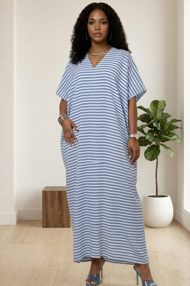 V- neckline blue and white maxi kaftan dress