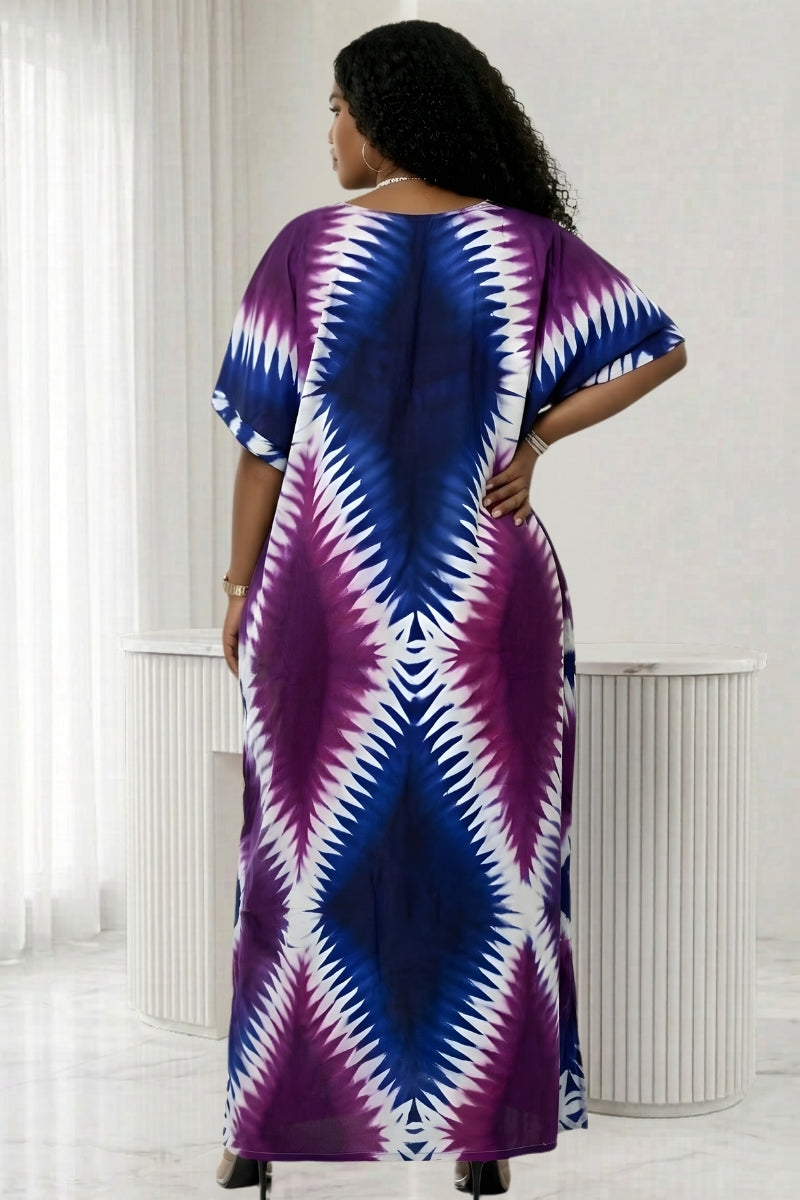 V-neck royal blue and purple tie-dye maxi kaftan dress