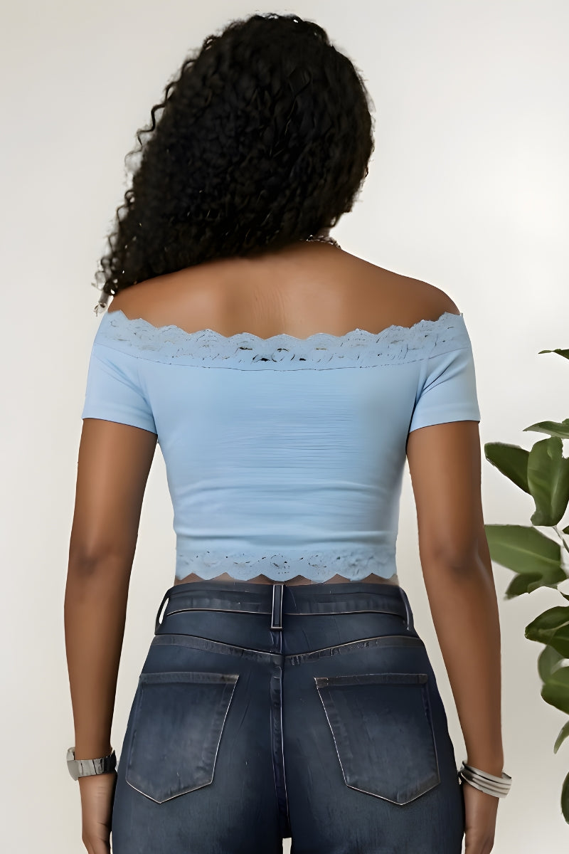 Stretchy soft baby blue off-shoulder crop top